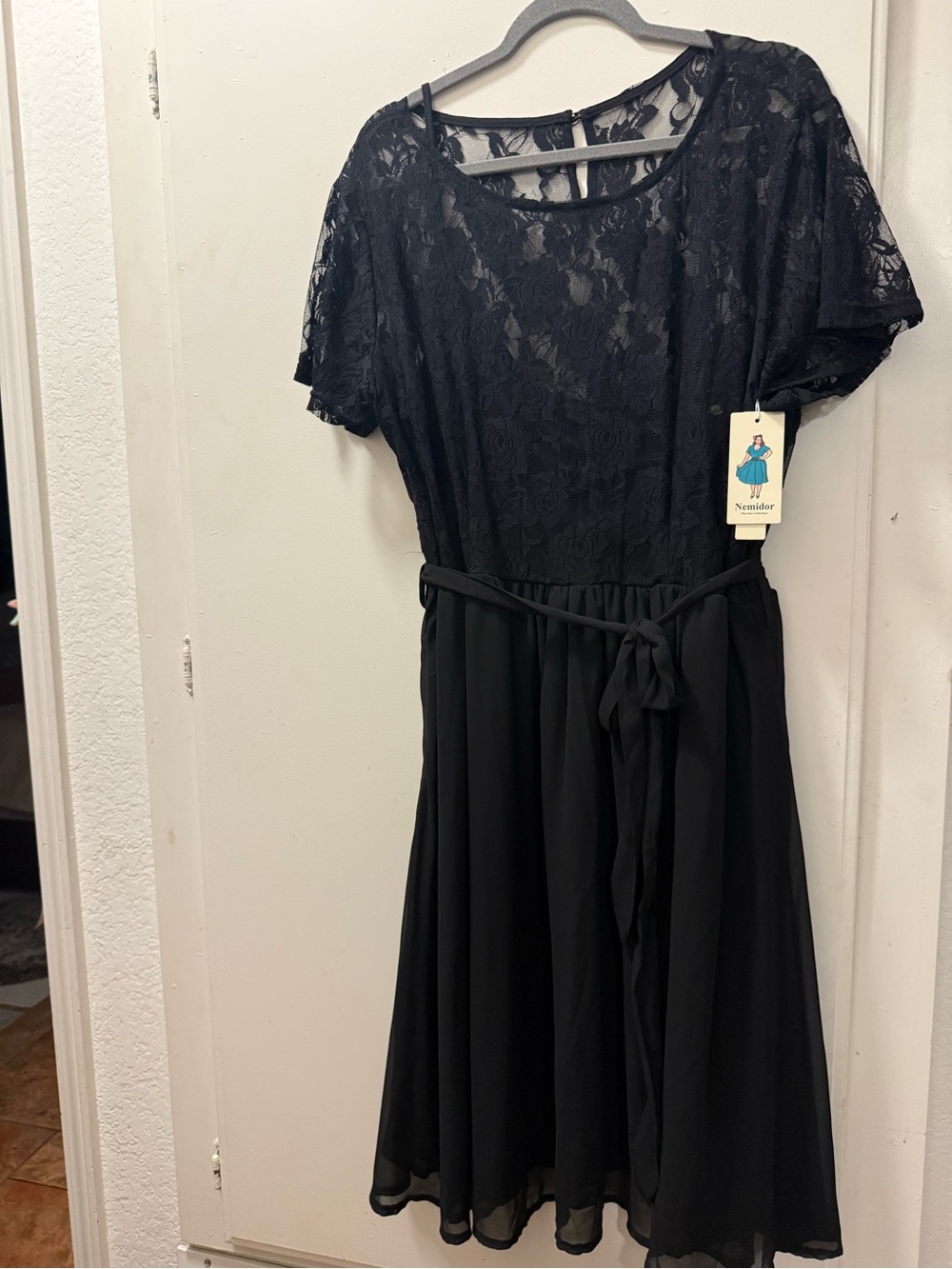 Nemidor Black Lace Bodice Midi Dress with Tie Waist